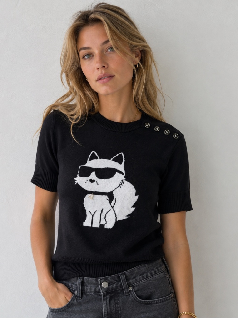 Karl Lagerfeld Choupette Short Sleeve Sweater Black Knit Logo Buttons Large NEW
